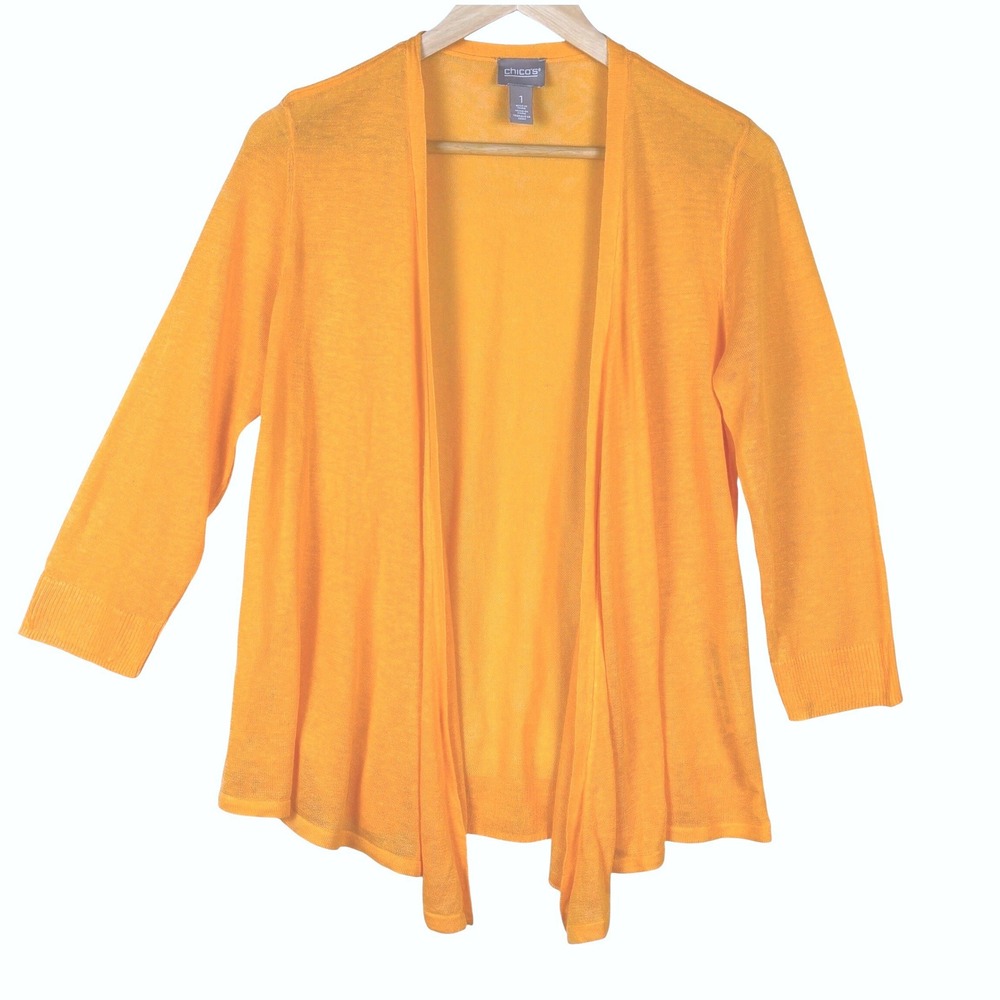 Chico's Open Cardigan 3/4 Sleeve Ramie Knit Sweater 1 M Breathable Summer Casual